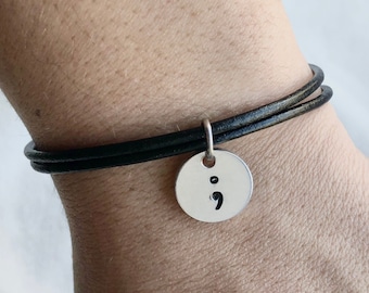 Semi colon leather bracelet,Minimalist Bracelet,Warrior,Uplifting gift,Powerful gift,Friendship bracelet,Gift for women,Inspirational Mantra