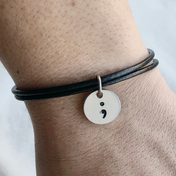 Bracelet en cuir point virgule, bracelet minimaliste, guerrier, cadeau édifiant, cadeau puissant, bracelet de l'amitié, cadeau pour femme, mantra inspirant