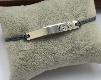 Personalized Initials Bracelet: Hand Stamped Aluminum Bar, Adjustable Cord