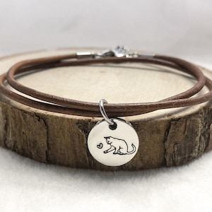 Cat Leather Wrap Bracelet: Hand Stamped Kitten Pendant, Pet Lover Gift