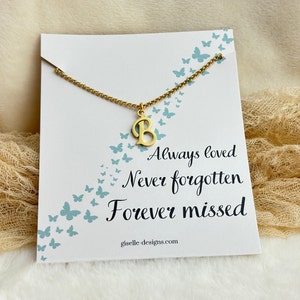 Collar con inicial conmemorativa con monograma de acero inoxidable: siempre amado, nunca olvidado, extrañado por siempre, collar en memoria de alguien, regalo de condolencia