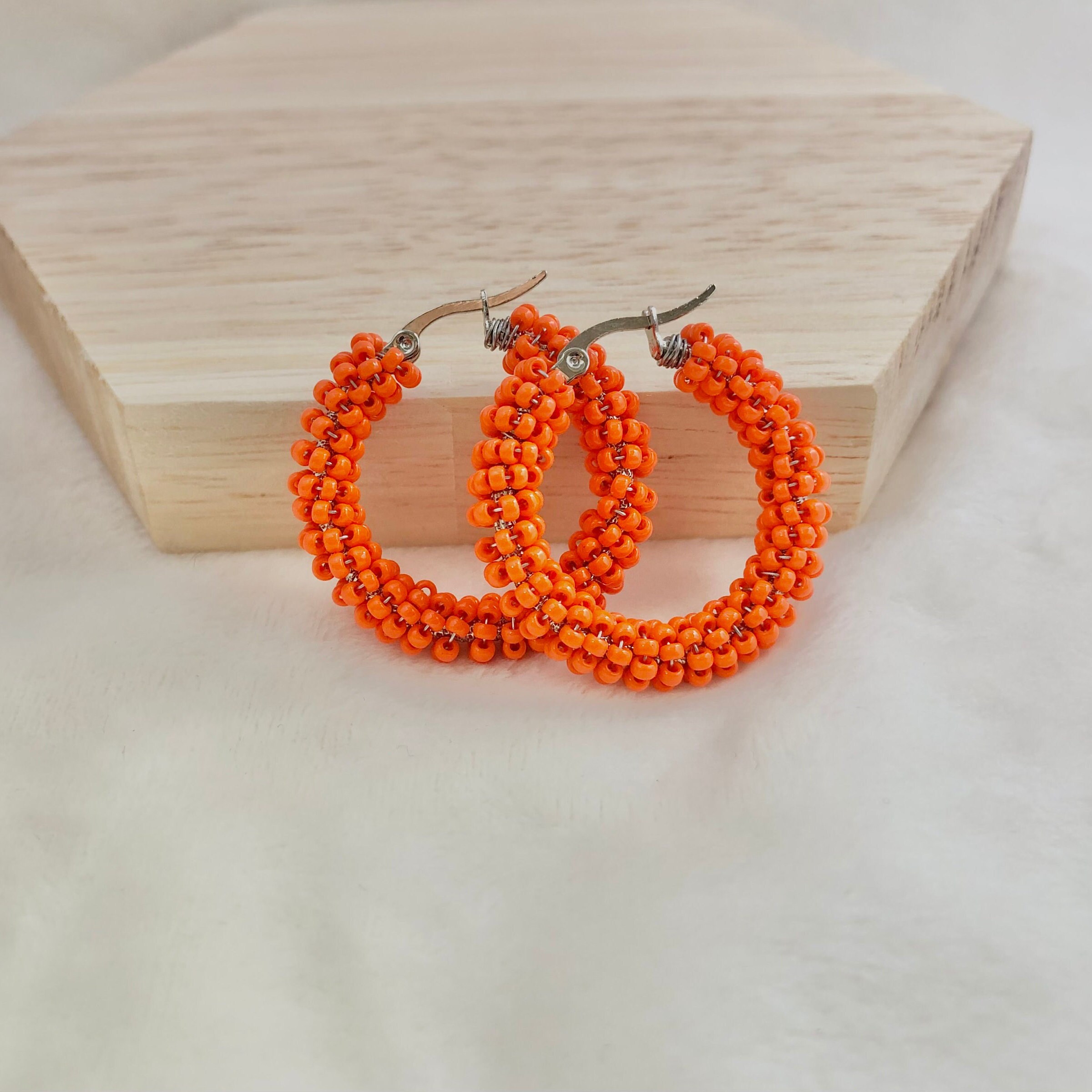 Beaded Hoop Earrings, Stainless Steel Hoops, Wire Wrapped