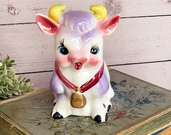 Vintage Anthropomorphic Ceramic Cow Sugar Dish Japan 1950s Mid Century Modern Kitschy Cow Decor MCM Purple Cow