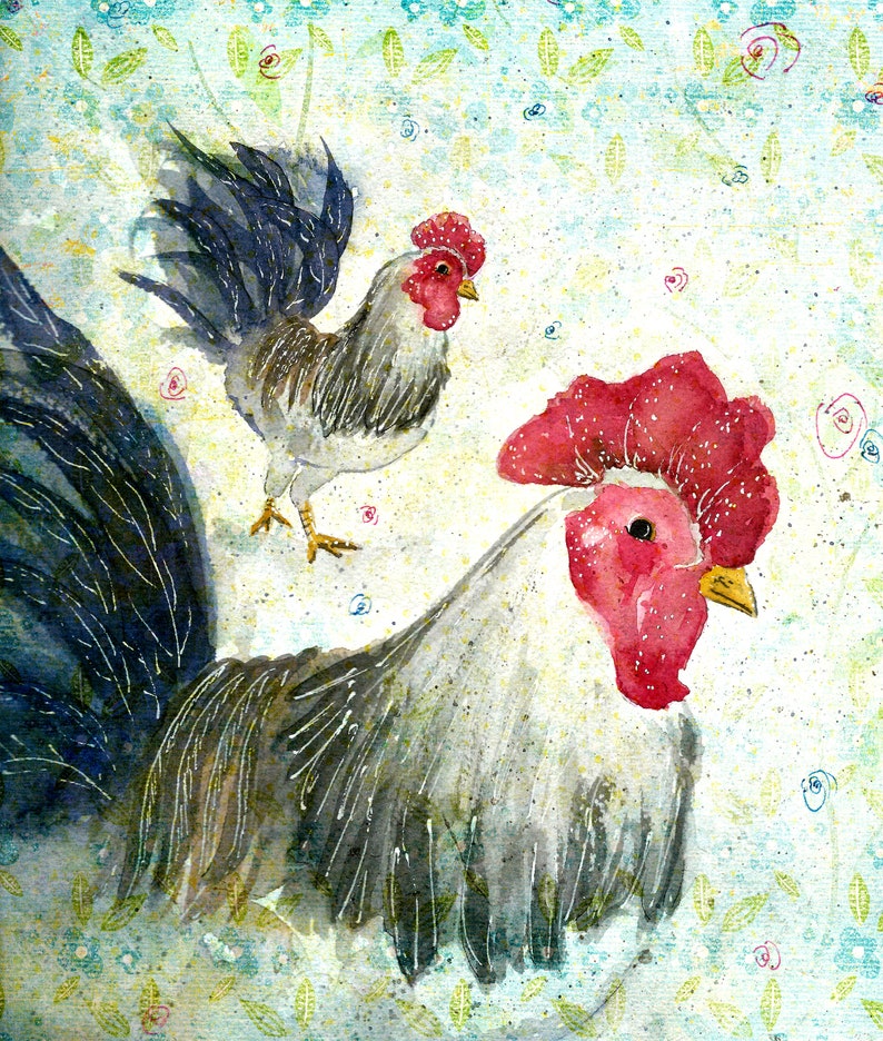 Roosters Watercolour Print Rooster Lovers Rooster Wall Art Etsy