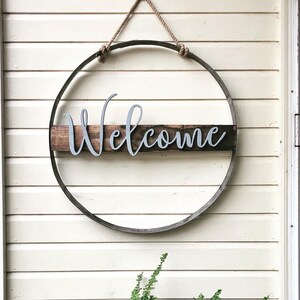 Welcome Door Hanger - Bourbon Stave Door Sign - Rustic Door Decor - Bourbon Barrel Ring Decor - Door Hanger- Farmhouse Decor