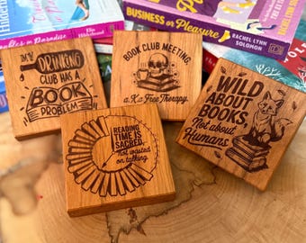 Book Lover Wooden Coaster Set | Engraved Book Quotes | Literary Gift | Coasters for Readers | Book Club Decor, Set of 4