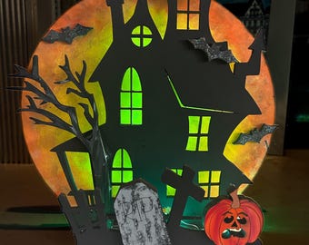 Light-Up Wooden Haunted House: Spooky Halloween Table Decor