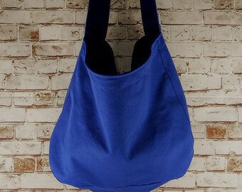 Royal Blue Canvas Newspaper Bag, Rectangular Mail Bag or Shopping Bag with Cross Body Strap, Large Market Tote, Messenger Bag Long Handle