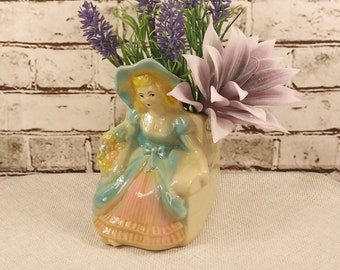 Vintage Shawnee Pottery Planter, Blonde Headed Girl with Pink and Blue Dress and Basket of Flowers, 6" Tall Vintage Flower Vase