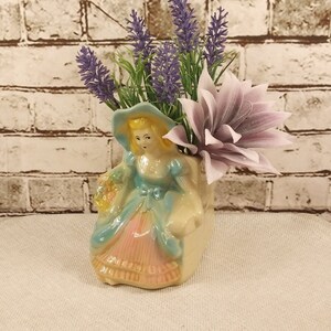 Vintage Shawnee Pottery Planter, Blonde Headed Girl with Pink and Blue Dress and Basket of Flowers, 6" Tall Vintage Flower Vase