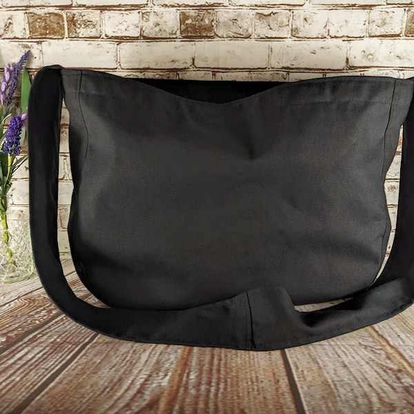 Black Canvas Newspaper Bag, Rectangular Mail Bag or Shopping Bag with Cross Body Strap, Large Market Tote, Messenger Bag Long Handle