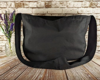 Black Canvas Newspaper Bag, Rectangular Mail Bag or Shopping Bag with Cross Body Strap, Large Market Tote, Messenger Bag Long Handle