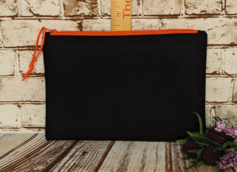 Black Canvas Pouch with Black or Orange Zipper, Handmade Zipper Pouches, Unlined Coin Purse, Pencil Pouch, Zipped Cosmetic Bag image 3