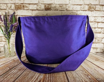 Purple Canvas Newspaper Bag, Rectangular Mail Bag or Shopping Bag with Cross Body Strap, Large Market Tote, Messenger Bag Long Handle