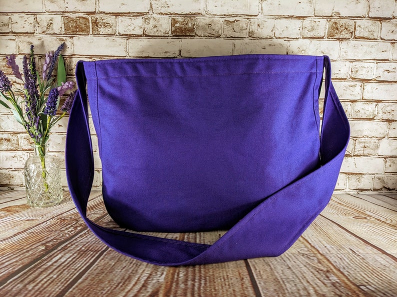 Purple Canvas Newspaper Bag, Rectangular Mail Bag or Shopping Bag with Cross Body Strap, Large Market Tote, Messenger Bag Long Handle image 1
