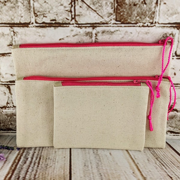 Beige Canvas Pouches with Hot Pink Zipper, 3 Sizes of Unlined Canvas Bags, Handmade Zipper Pouches, Coin Purse, Pencil Pouch, Cosmetic Bag