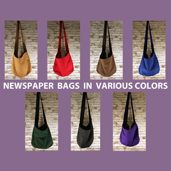 Canvas Newspaper Bag in Various Colors, Rectangular Mail Bag or Shopping Bag with Crossbody Strap, Large Market Bag Tote with Long Handle