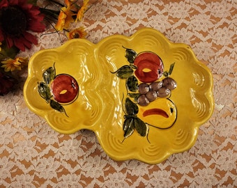 Yellow Vintage Divided Dish with Painted Fruit by Maurice Pottery of California, Oblong Ceramic Serving Plate or Bowl, MidCentury Pottery