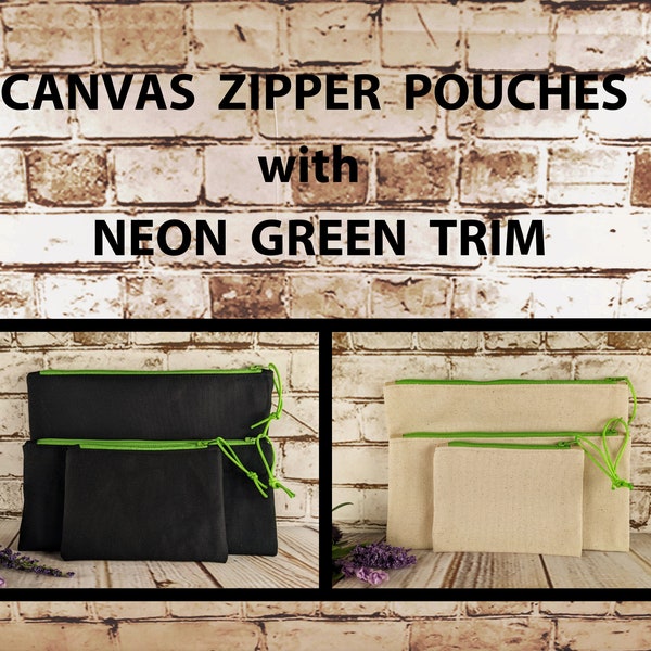 Beige and Black Canvas Pouches with Neon Green Zipper, 3 Sizes of Unlined Zipper Pouches, Handmade Coin Purse Pencil Pouch Cosmetic Bag