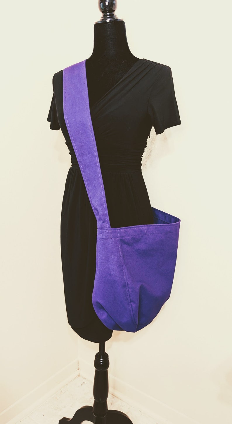 Purple Canvas Newspaper Bag, Rectangular Mail Bag or Shopping Bag with Cross Body Strap, Large Market Tote, Messenger Bag Long Handle image 3