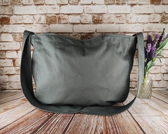 Gray Canvas Newspaper Bag, Rectangular Mail Bag or Shopping Bag with Cross Body Strap, Large Market Tote, Messenger Bag in Gray Fabric