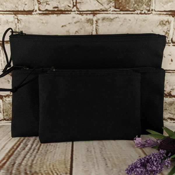 Black Canvas Pouch with Black or Orange Zipper, Handmade Zipper Pouches, Unlined Coin Purse, Pencil Pouch, Zipped Cosmetic Bag