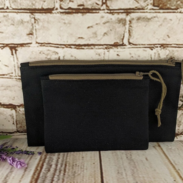 Black Canvas Pouches with Green Zipper, 3 Sizes of Unlined Canvas Bags, Handmade Zipper Pouches, Coin Purse, Pencil Pouch, Cosmetic Bag