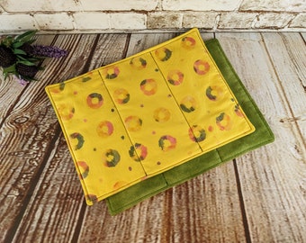 Set of 2 Mug Rugs Yellow Watercolor Look Fabric, Snack Size Placemats in Pastel Colors Green Lining, Handmade Tea or Coffee Mat, Candle Mat