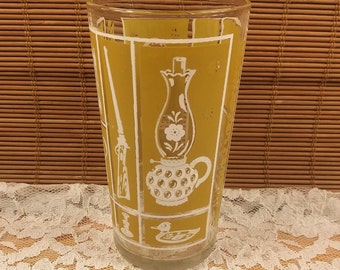 Gold and White MCM Glass, Vintage Gold Glassware with Transfer Painted Design, Farmhouse Kitchen Style, Retro Tumbler Glass from 1960s