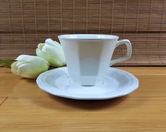 Vintage White China Cup and Saucer, Elegant 6 ounce Capacity White Ceramic Cup with Small Plate, Only One Teacup and Saucer Set is Available