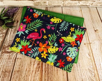 Set of 2 Mug Rugs Flamingo Fabric, Snack Size Placemats with Bright Tropical Flowers & Green Lining, Handmade Tea or Coffee Mat, Candle Mat