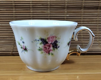 Vintage Porcelain China Tea Cup, Delicate White Teacup with Pink Roses and Gold Metallic Trim, Shabby Chic Decor