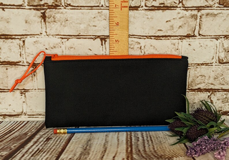 Black Canvas Pouch with Black or Orange Zipper, Handmade Zipper Pouches, Unlined Coin Purse, Pencil Pouch, Zipped Cosmetic Bag image 4