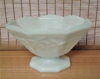 Vintage Milk Glass Pedestal Bowl with Grape Cluster Design & Scalloped Rim, 9" Diameter Octagon Dish for Wedding Decor, 5.25" Tall