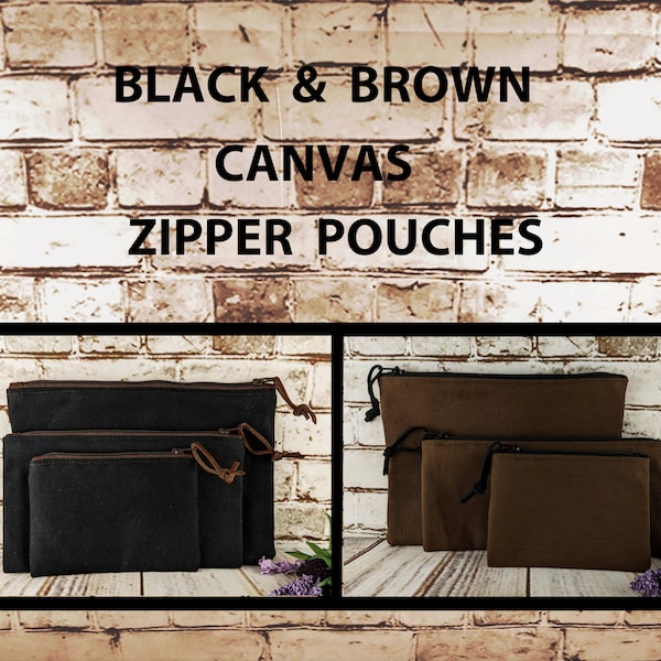 Black and Brown Canvas Pouches with Coordinating Zipper, 3 Sizes of Unlined Zipper Pouches, Handmade Coin Purse Pencil Pouch Cosmetic Bag