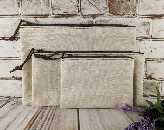 Beige Canvas Pouches with Brown Zipper, 3 Sizes of Unlined Canvas Bags, Handmade Zipper Pouches, Coin Purse, Pencil Pouch, Cosmetic Bag