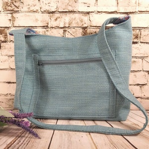 SMALL HOBO BAG of Light Blue Weatherproof Fabric, 25" Hand Bag with Zipper Pocket, Lining of Blue & Pink Floral, Handmade Shoulder Bag Purse
