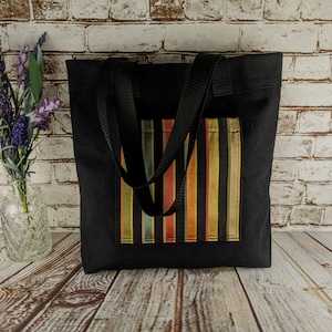 Black Canvas Tote Bag, Handmade Shopping or Market Bag with Striped Exterior Pocket, Unlined Travel Tote Bag or Book Bag with Mesh Handles