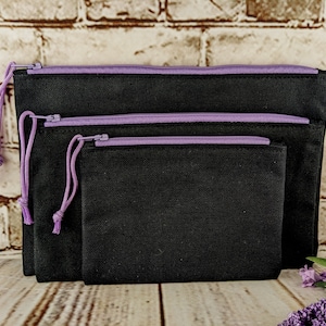 Black Canvas Pouches with Lavender Zipper, 3 Sizes of Unlined Canvas Bags, Handmade Zipper Pouches, Coin Purse, Pencil Pouch, Cosmetic Bag
