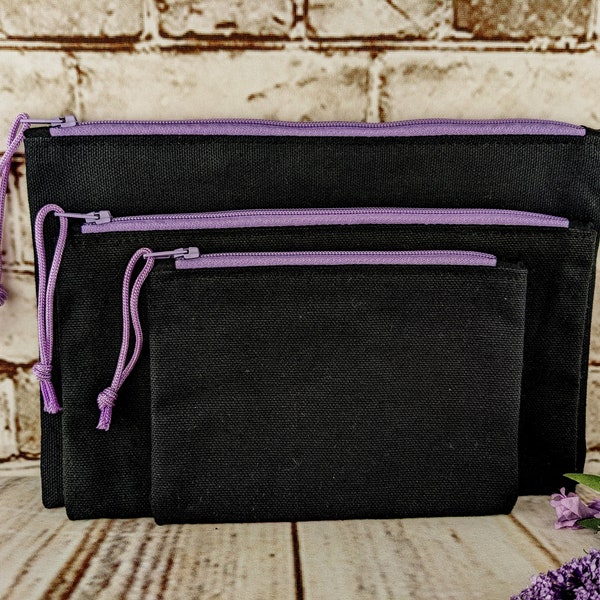 Black Canvas Pouches with Lavender Zipper, 3 Sizes of Unlined Canvas Bags, Handmade Zipper Pouches, Coin Purse, Pencil Pouch, Cosmetic Bag