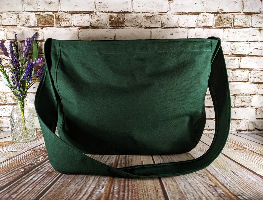 Dark Green Canvas Newspaper Bag, Rectangular Mail Bag or Shopping Bag