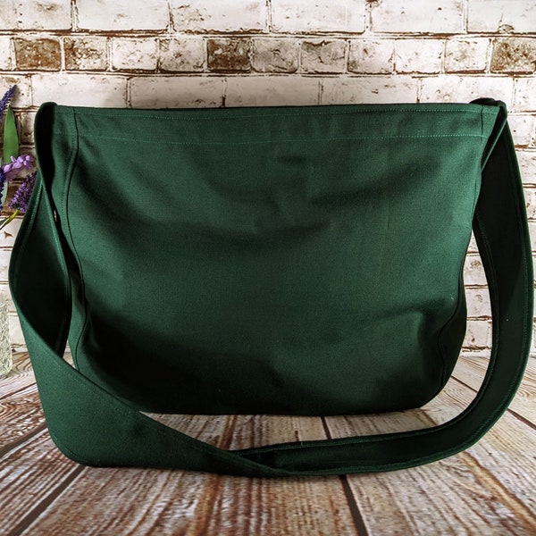 Moss Green Canvas Newspaper Bag, Rectangular Mail Bag or Shopping Bag with Cross Body Strap, Large Market Tote, Olive Drab Messenger Bag