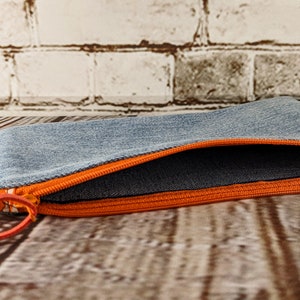 Denim Zipper Pouches in Various Sizes, Small Bags from Recycled Blue Jeans, Handmade Zipper Pouches, Coin Purse, Pencil Pouch, Cosmetic Bag SMALL/Orange