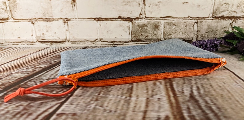 Denim Zipper Pouches in Various Sizes, Small Bags from Recycled Blue Jeans, Handmade Zipper Pouches, Coin Purse, Pencil Pouch, Cosmetic Bag SMALL/Orange