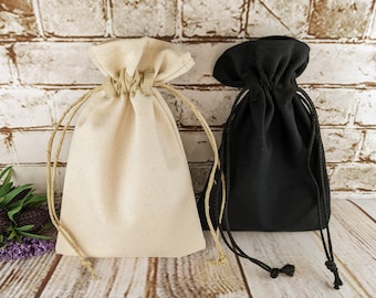 Canvas Drawstring Bags in Black or Beige, Party Favor Bags with Free US Shipping, Handmade Fabric Gift Bag with Matching Drawstring