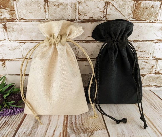 Canvas Drawstring Bags in Black or Beige, Party Favor Bags with Free US Shipping, Handmade Fabric Gift Bag with Matching Drawstring