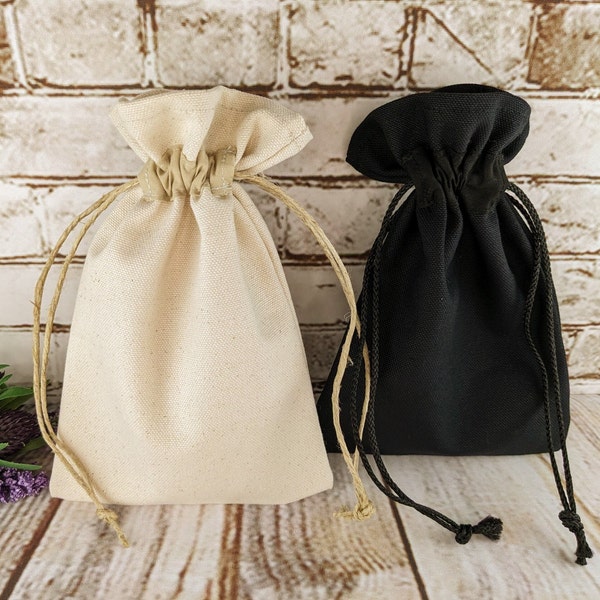 Canvas Drawstring Bags in Black or Beige, Party Favor Bags with Free US Shipping, Handmade Fabric Gift Bag with Matching Drawstring