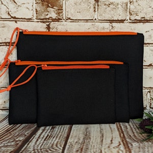 Black Canvas Pouch with Black or Orange Zipper, Handmade Zipper Pouches, Unlined Coin Purse, Pencil Pouch, Zipped Cosmetic Bag image 2