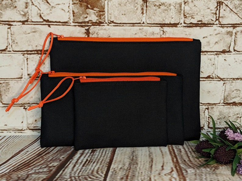 Black Canvas Pouch with Black or Orange Zipper, Handmade Zipper Pouches, Unlined Coin Purse, Pencil Pouch, Zipped Cosmetic Bag image 2