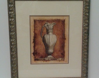 Vintage Framed Wall Hanging of an Urn or Pitcher, Burnt Orange Tan Beige Gold Framed Print with Mat, 12"x14" Size